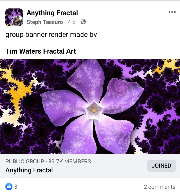 Facebook post from the Anything Fractal group crediting Tim Waters for their new cover art