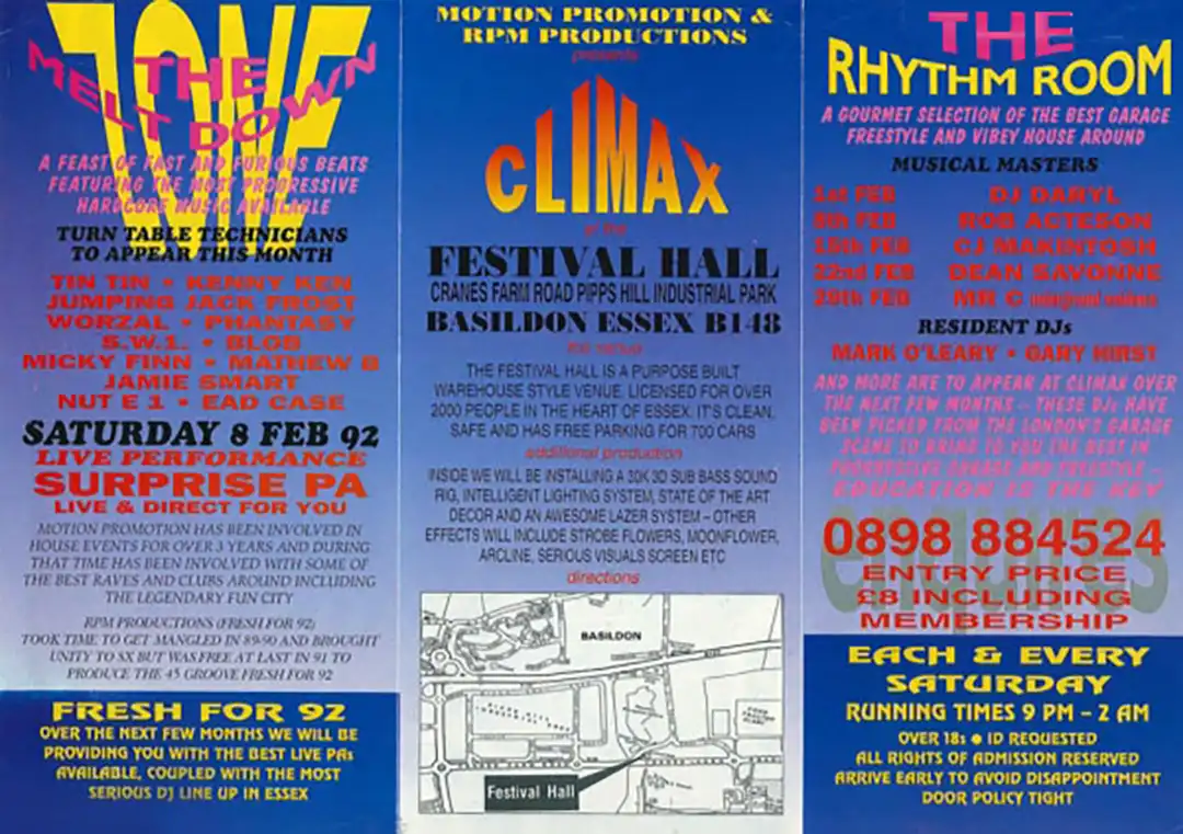 90s fractal rave flyer - Climax at the Festival Hall, Basildon. 1 February 1992. RPM productions