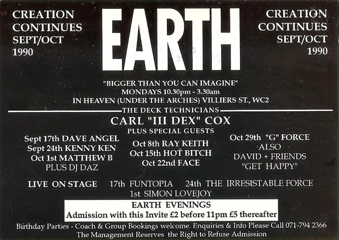 90s fractal rave flyer - Earth at Heaven, London. 17 September 1990 Earth promotions (Back)