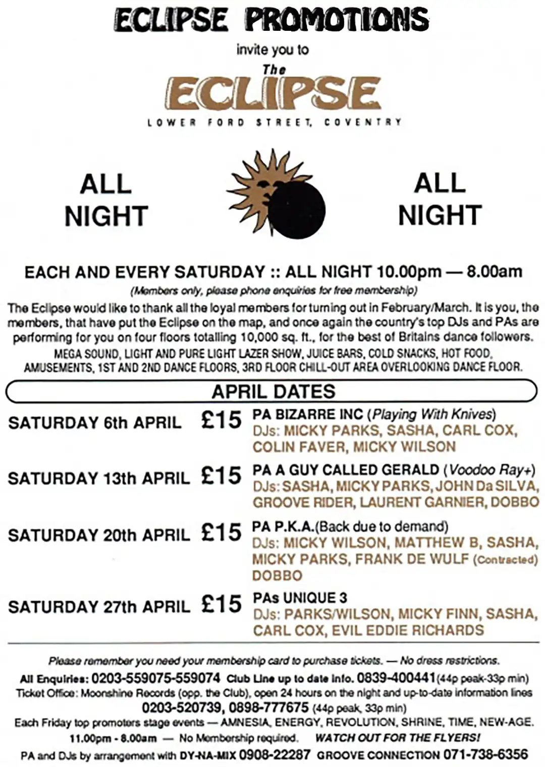 90s fractal rave flyer - Eclipse, Coventry. 6th April 1991, 13th April 1991, 20th April 1991, 27th April 1991. Eclipse promotions. (Back)