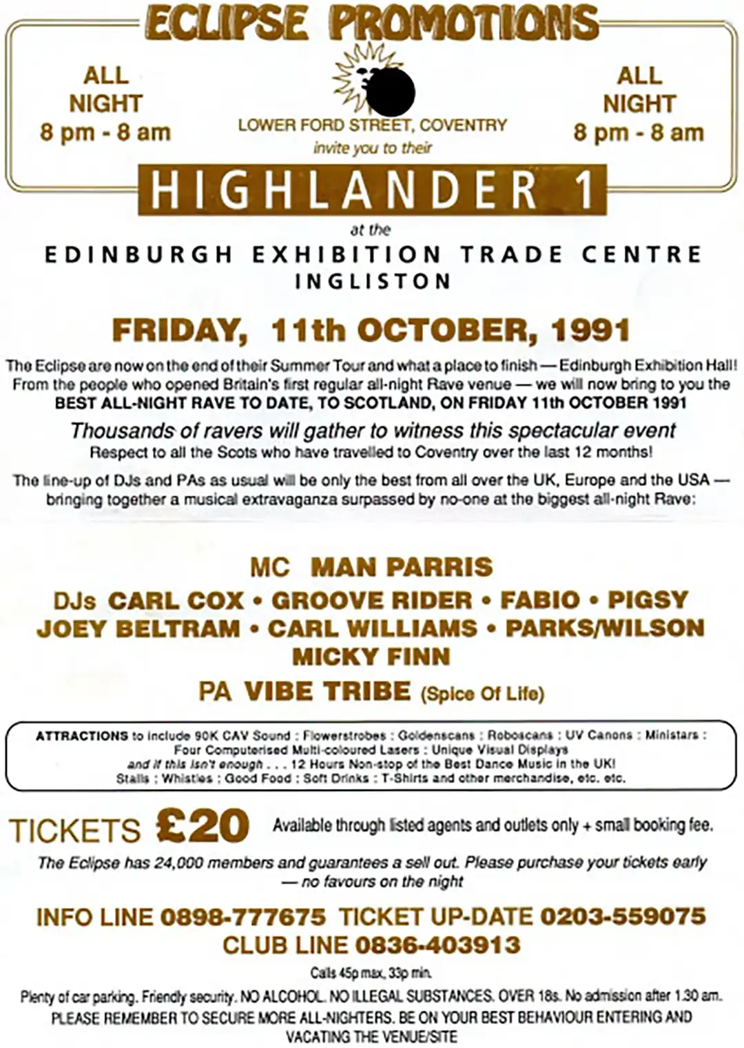 90s fractal rave flyer - Eclipse highlander 1. Edinburgh Exhibition Trade Centre, Islington. 11 October 1991. Eclipse Promotions. (Back)
