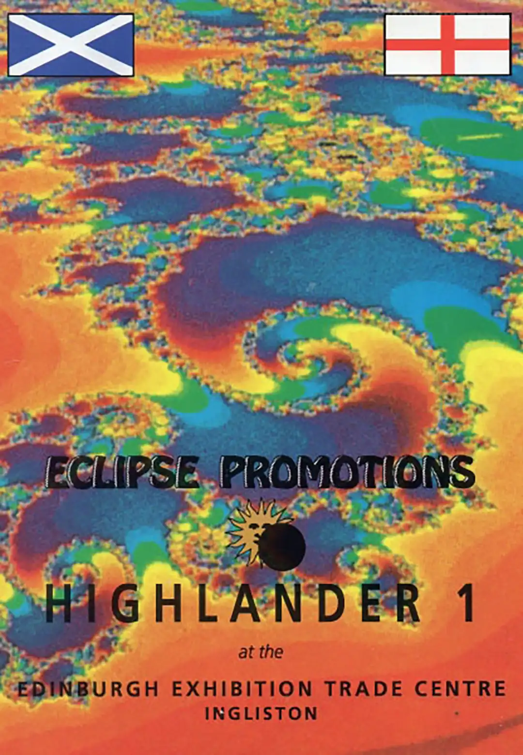 90s fractal rave flyer - Eclipse highlander 1. Edinburgh Exhibition Trade Centre, Islington. 11 October 1991. Eclipse Promotions.