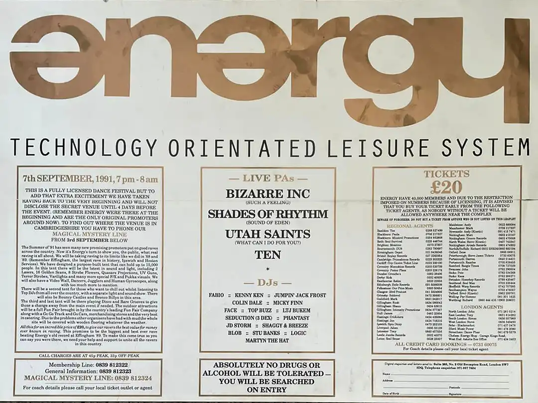 90s fractal rave flyer - Energy - Technology Orientated Leisure System, (Secret venue). 6 April 1991. (Back)