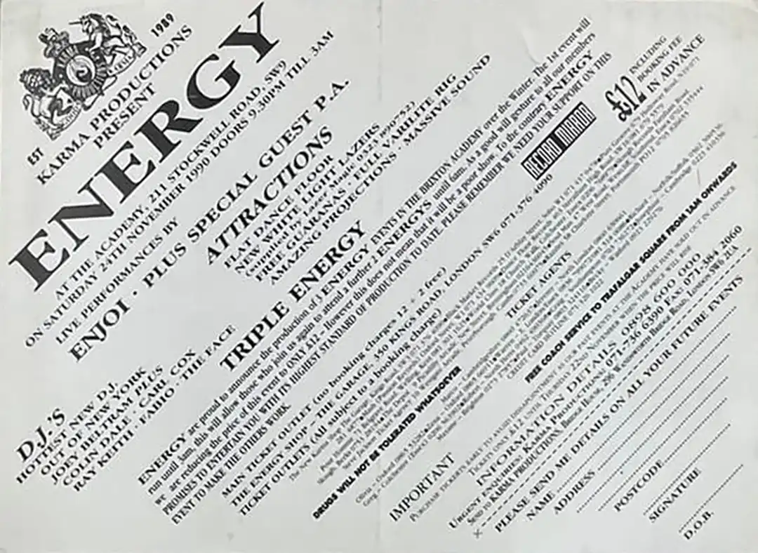 90s fractal rave flyer - Energy at the Academy, Brixton, London. 24 November 1990. Karma productions. (Back)