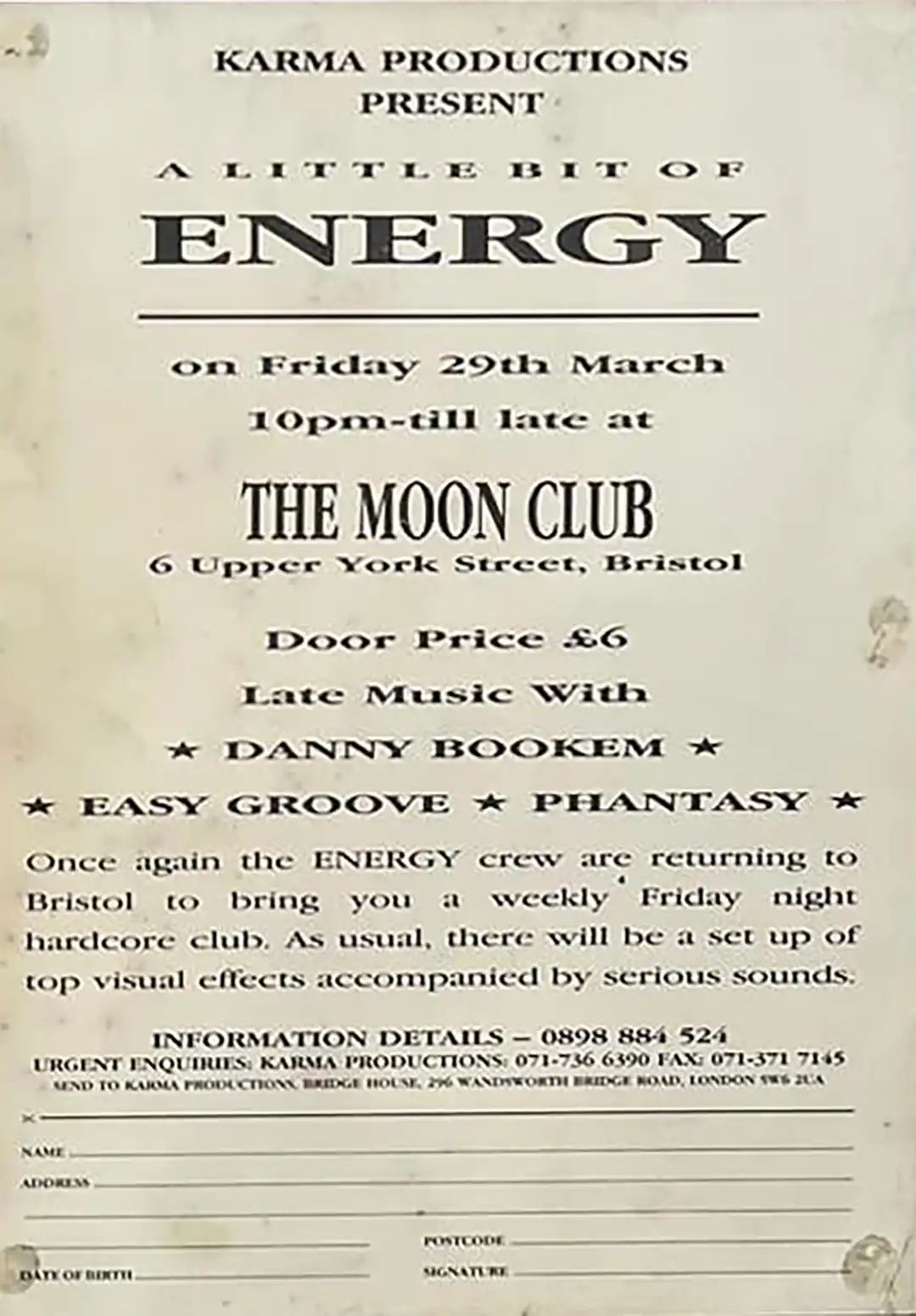 90s fractal rave flyer - A Little Bit of Energy at The Moon Club, Bristol. 29 March 1991. Karma Productions. (Back)