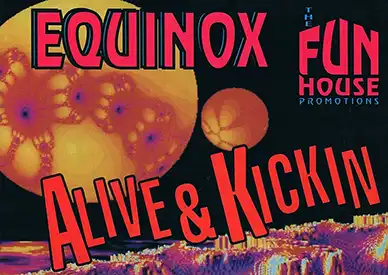 90s fractal rave flyer - Equinox - Alive & Linking at Milwaukees, Bedford. 21st August 1995, 28th August 1995, 4th September 1995, 11th September 1995. Fun house promotions.
