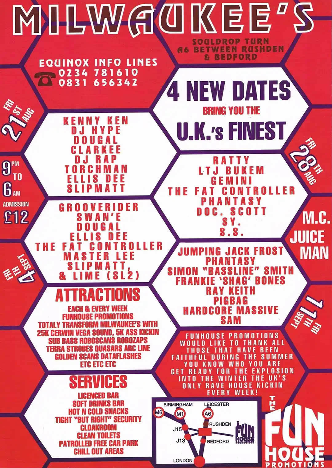 90s fractal rave flyer - Equinox - Alive & Linking at Milwaukees, Bedford. 21st August 1995, 28th August 1995, 4th September 1995, 11th September 1995. Fun house promotions. (Back)