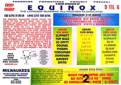 90s fractal rave flyer - Equinox at Milwaukees, Bedford. 31st March 1995. Fun house promotions. (back)
