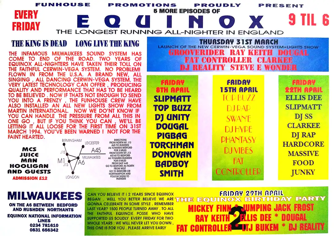 90s fractal rave flyer - Equinox at Milwaukees, Bedford. 31st March 1995. Fun house promotions.