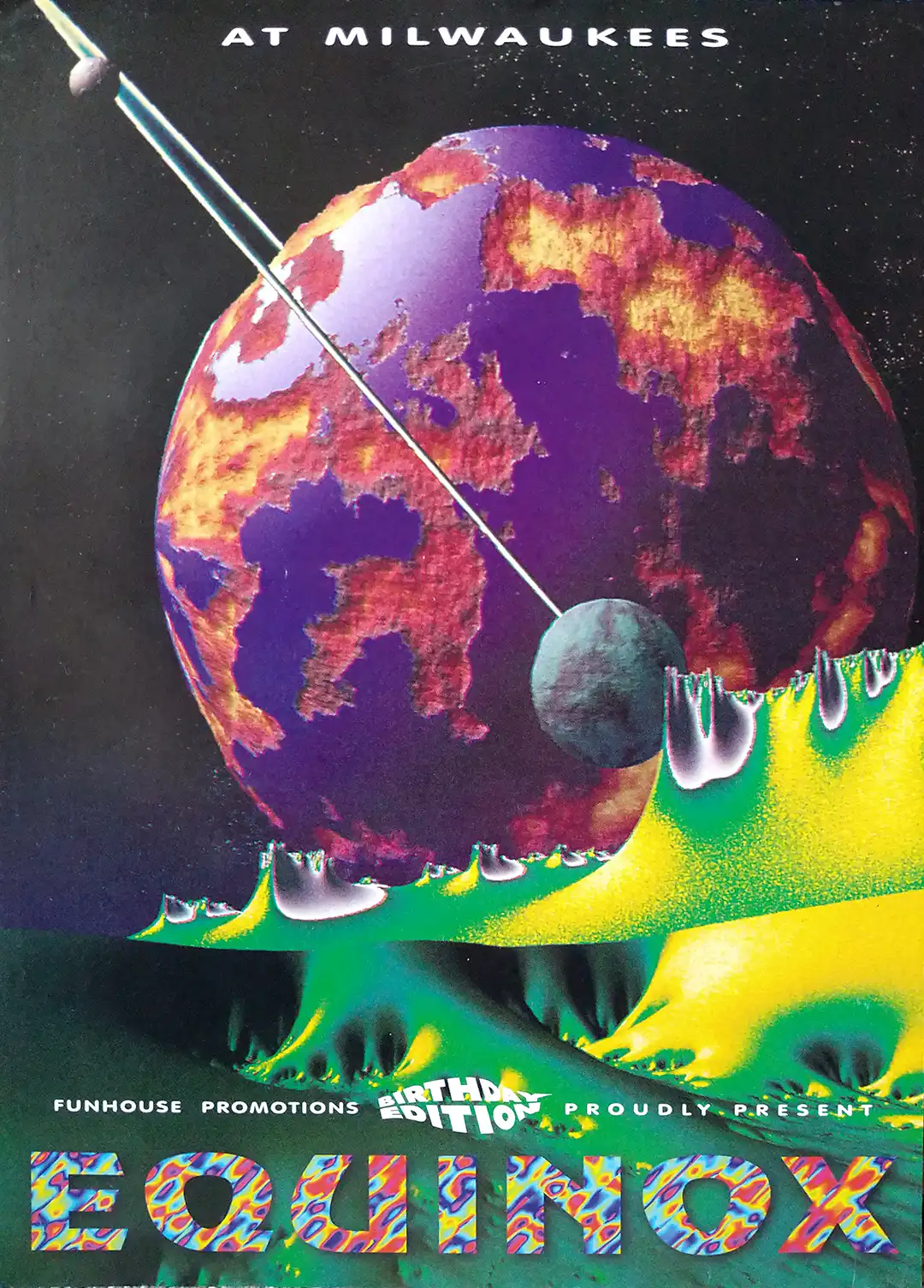 90s fractal rave flyer - Equinox at Milwaukees, Bedford. 31st March 1995. Fun house promotions.