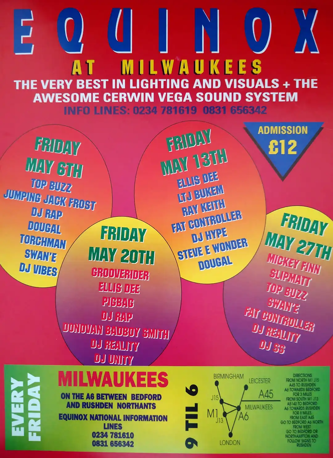 90s fractal rave flyer - Equinox at Milwaukees, Bedford. 6th May 1994, 13th May 1994, 20th May 1994, 27th May 1994. Fun house promotions.