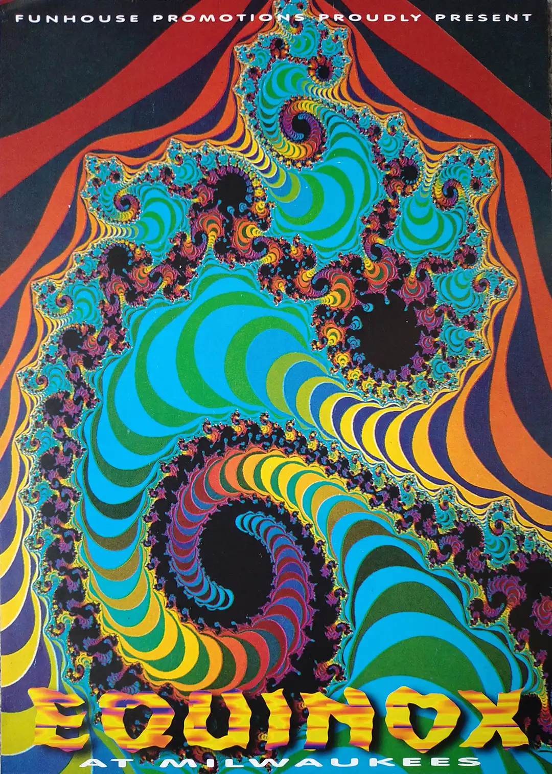 90s fractal rave flyer - Equinox at Milwaukees, Bedford. 6th May 1994, 13th May 1994, 20th May 1994, 27th May 1994. Fun house promotions.