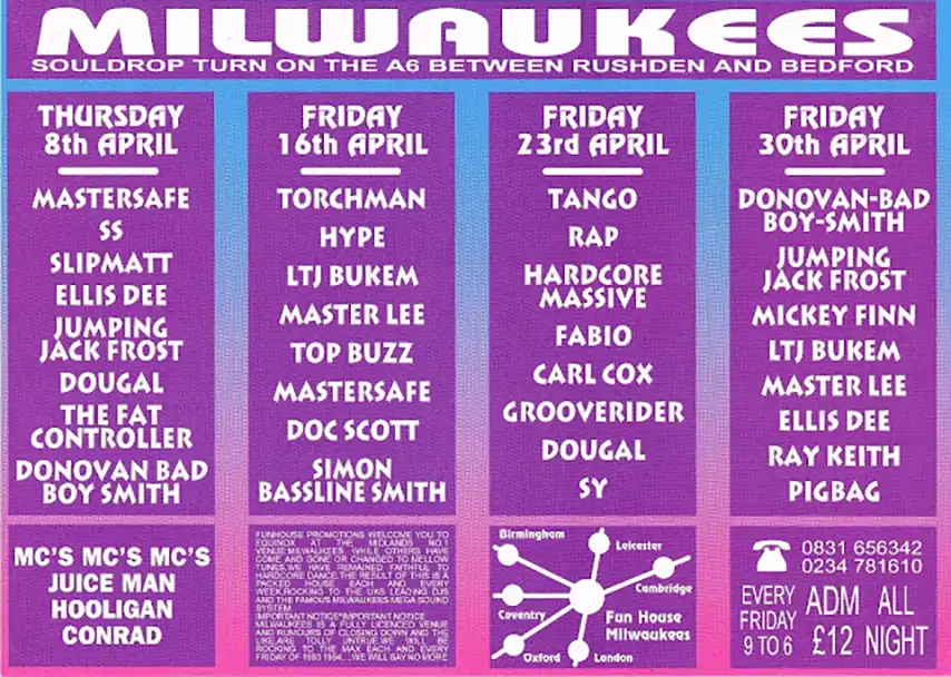 90s fractal rave flyer - Equinox at Milwaukees, Bedford. 8th april 1995, 16th April 1995, 23April 1995, 30th April 1995. Fun house promotions. (Back)