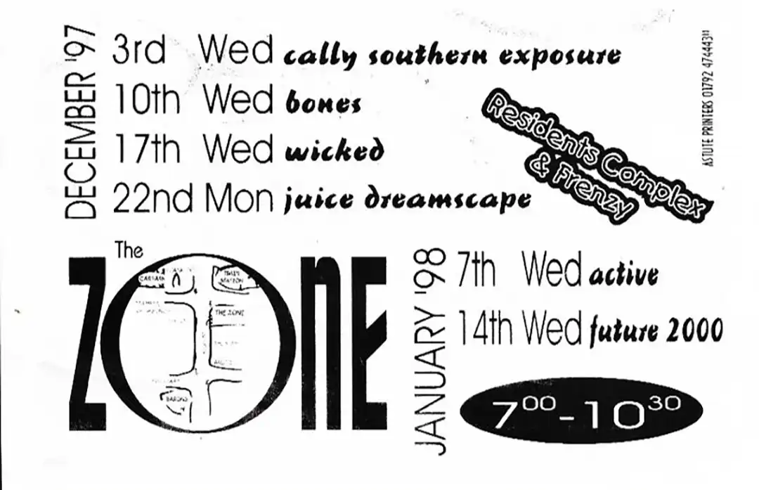 90s fractal rave flyer - Exlosion at the Zone, Swansea. 3 December 1997. Sub zero promotions (Back)