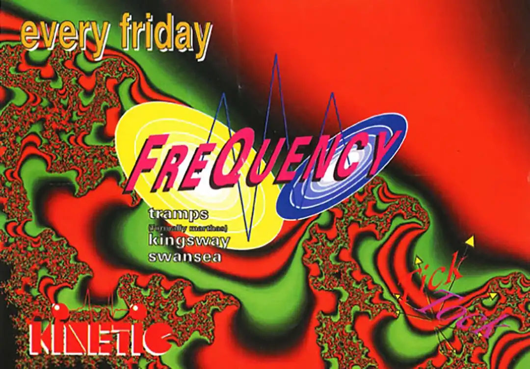 90s fractal rave flyer - Frequency at Tramps, Swansea. May April 1994 (Back)<
