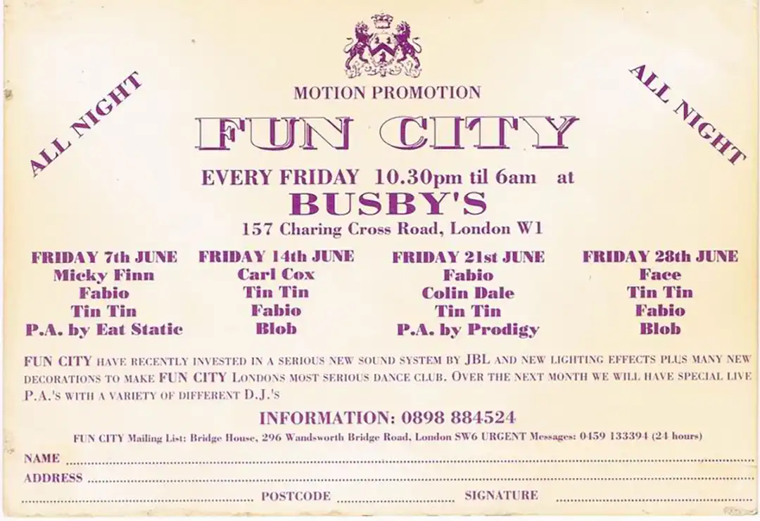 90s fractal rave flyer - Fun city at Busbys, Charing cross road, London. 7th June 1991, 14th June 1991, 21st June 1991, 28th June 1991. Motion promotion. (Back)