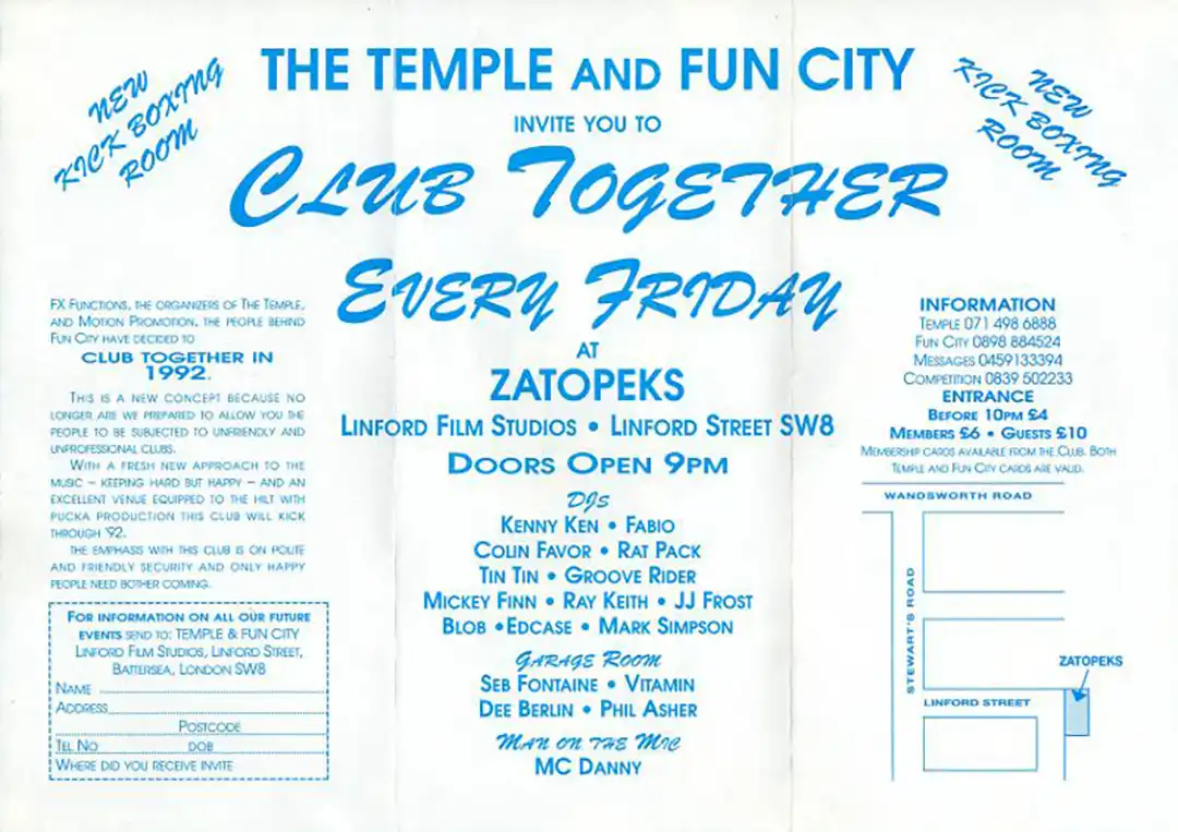 90s fractal rave flyer - FX Functions The Temple & Fun City Club Together at Zatopeks, Linford Film Studios, London. 1992 (Back)