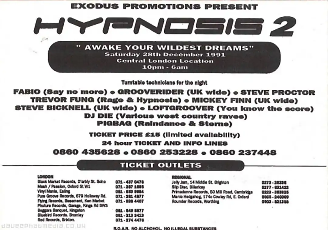 90s fractal rave flyer - Hypnosis 2 at the Base Box, Edmonton, London. 28th December 1991, Exodus Promotions. (Back)