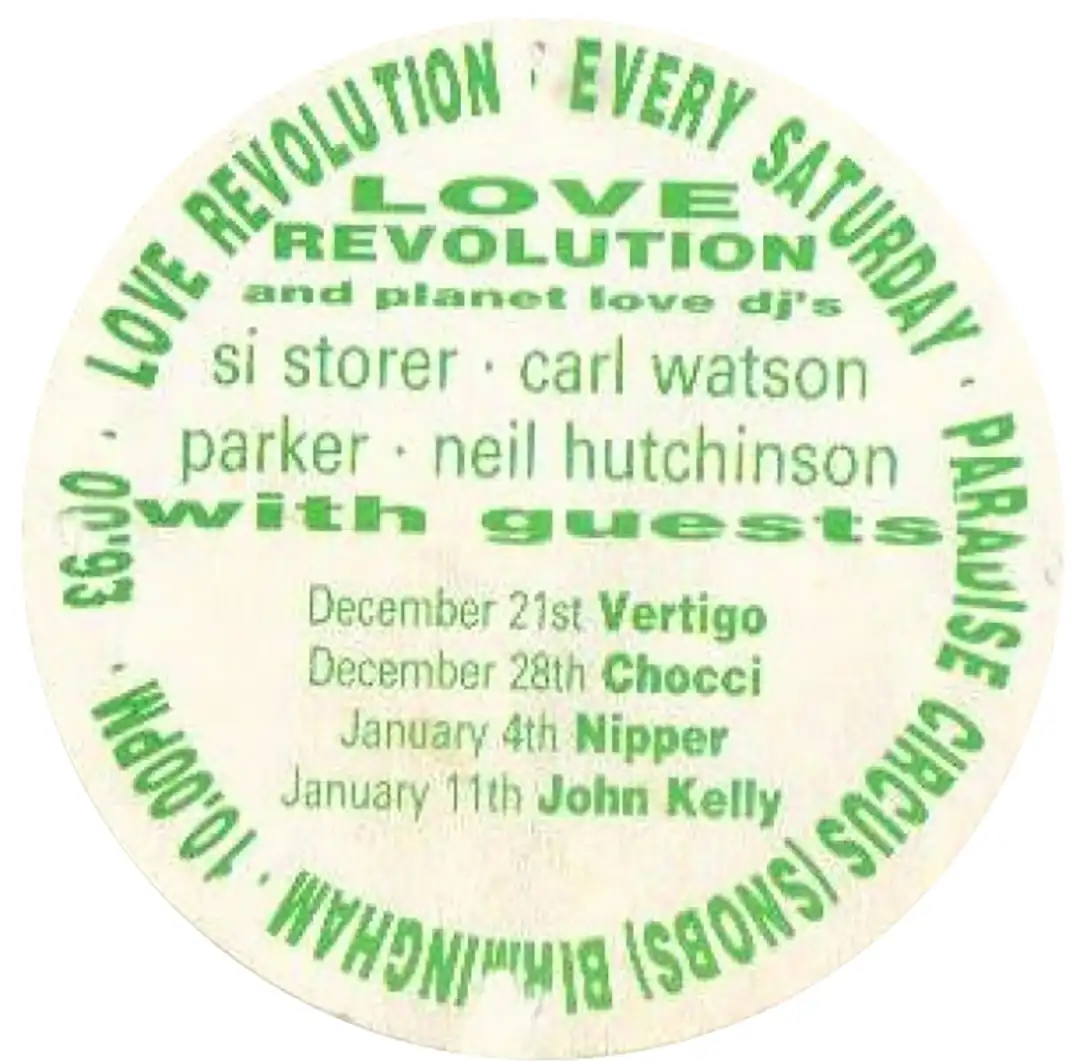 90s fractal rave flyer - Love Revolution, Paradise circus, Birmingham. December January 1992 (Back)