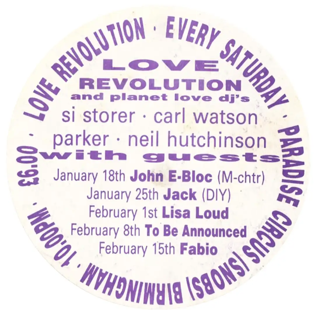 90s fractal rave flyer - Love Revolution, Paradise circus, Birmingham. January February 1992 (Back)