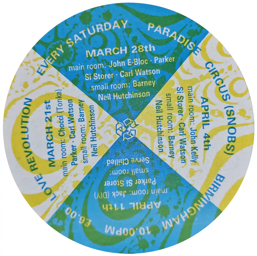 90s fractal rave flyer - Love Revolution, Paradise circus, Birmingham. March April 1992 (Back)