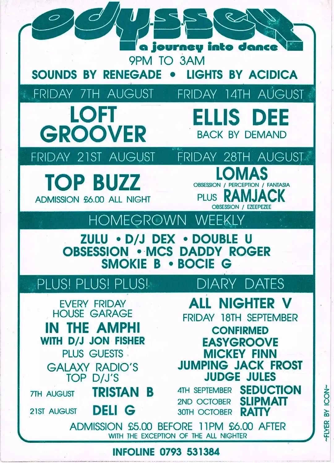 90s fractal rave flyer - Odyssey at the Brunel rooms. 7th August 1992, 14th August 1992, 21st August 1992, 28th August 1992. 3D NRG Producitions. (Back)