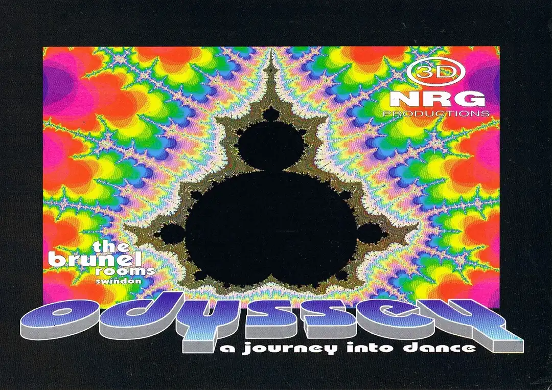 90s fractal rave flyer - Odyssey at the Brunel rooms. 7th August 1992, 14th August 1992, 21st August 1992, 28th August 1992. 3D NRG Producitions.