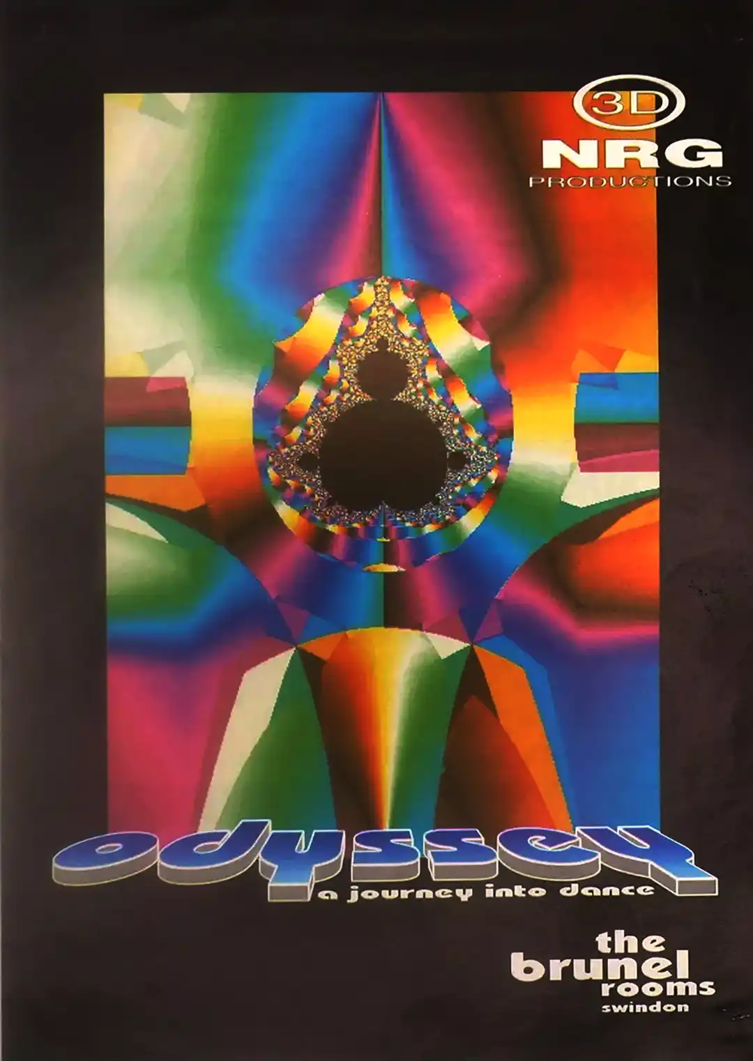 90s fractal rave flyer - Odyssey at the Brunel rooms. 5th June 1992, 12th June 1992, 19th June 1992, 26th June 1992. 3D NRG Producitions.