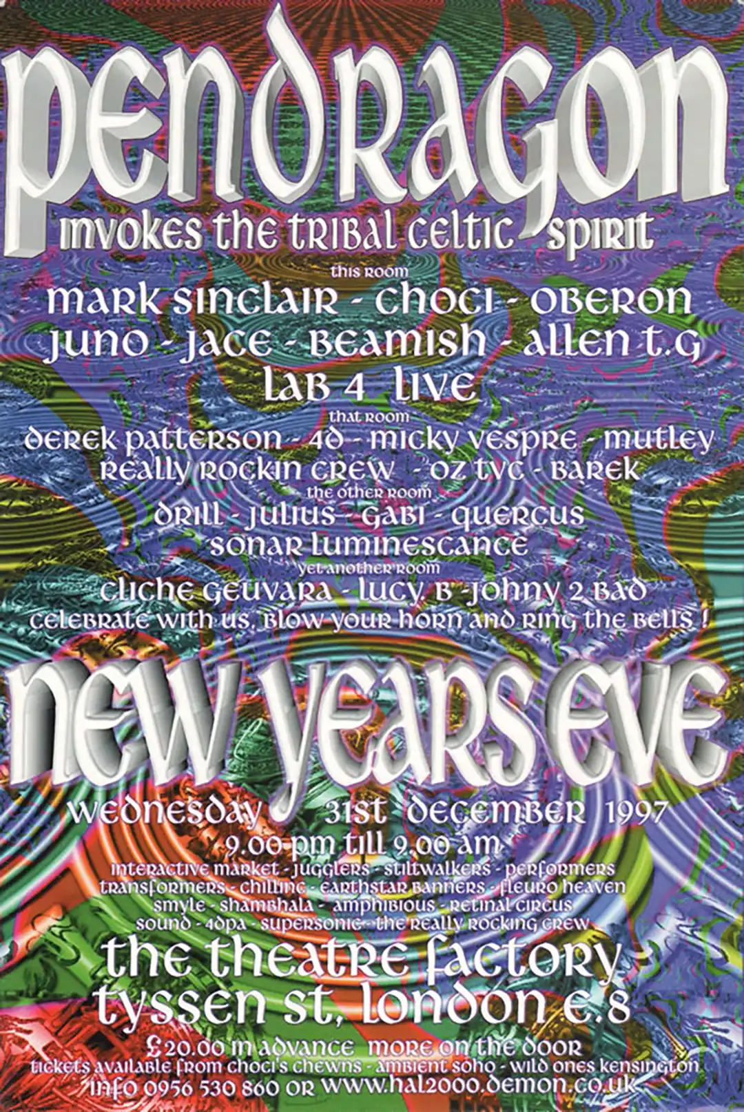 90s fractal rave flyer - Pendragon at the Theatre Warehouse Factory. Dalston London. 31 December 1997 (Back)