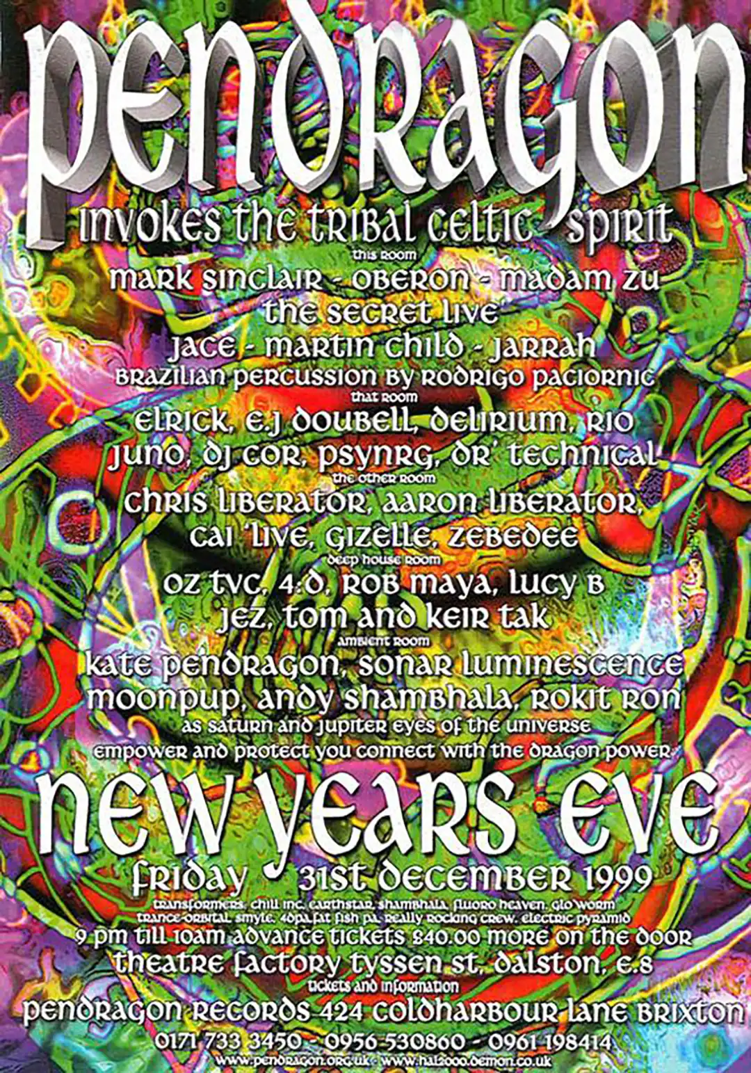 90s fractal rave flyer - Pendragon at the Theatre Warehouse Factory. Dalston London. 31 December 1999 (Back) (Back)