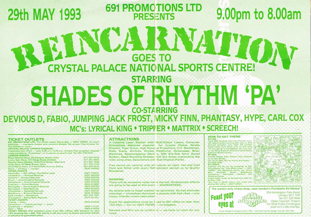 90s fractal rave flyer - Reincarnation at the Crystal Palace, London. 14th August 1993. 691 Promotions (Back)