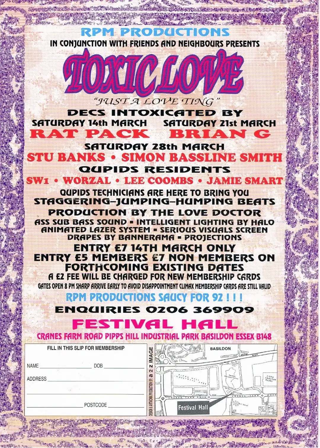 90s fractal rave flyer - Toxic Love at the Basildon Festival Hall, Essex. 29th March 1992.  PRM Productions. (Back)