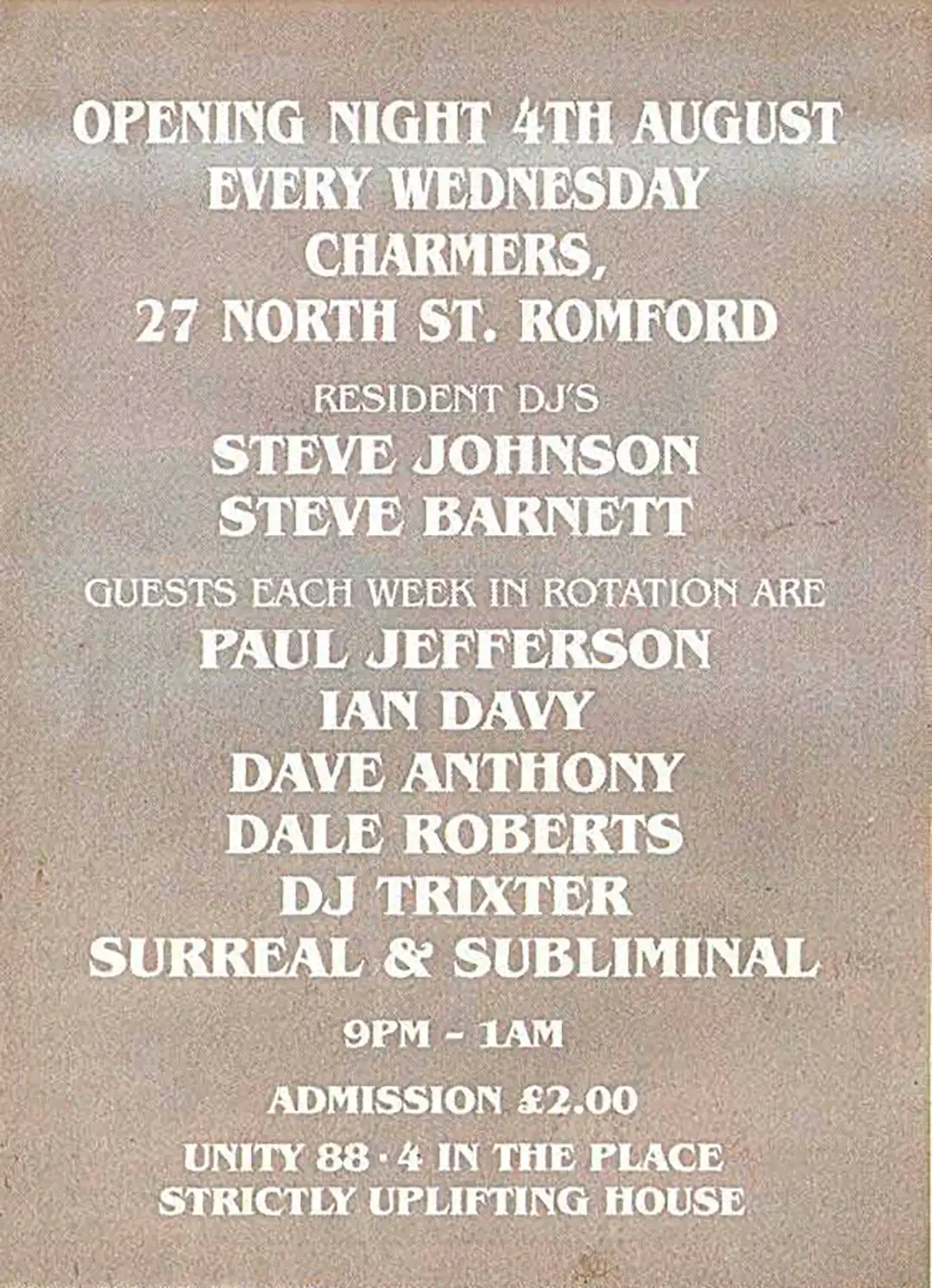 90s fractal rave flyer - Unity FM Midweek Madness House Crew at the Chambers, Romford, Essex. 4 August 1993. Unity88.4FM PRomotions (Back)