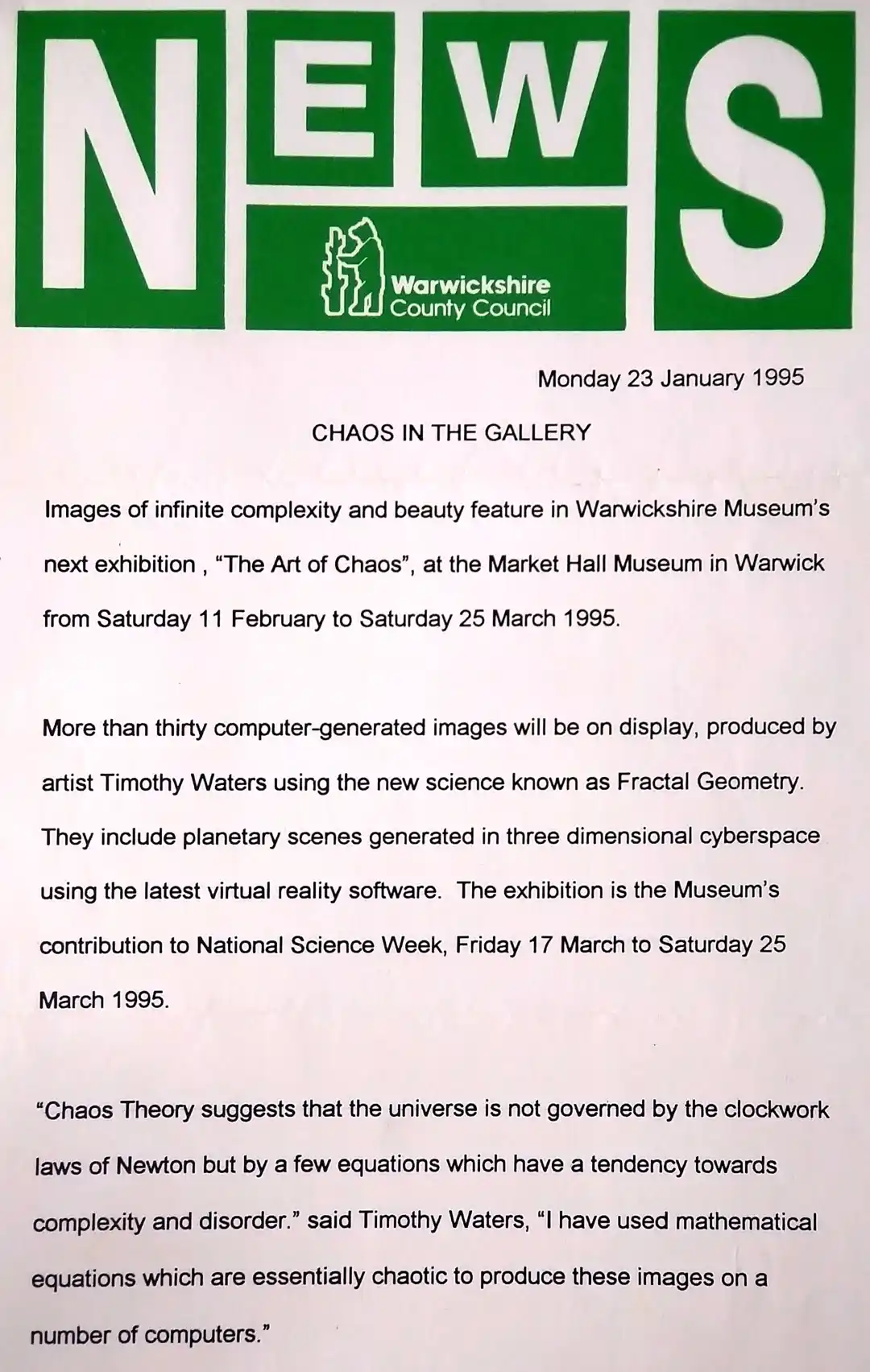 Press release Warwickshire 90s fractal exhibition